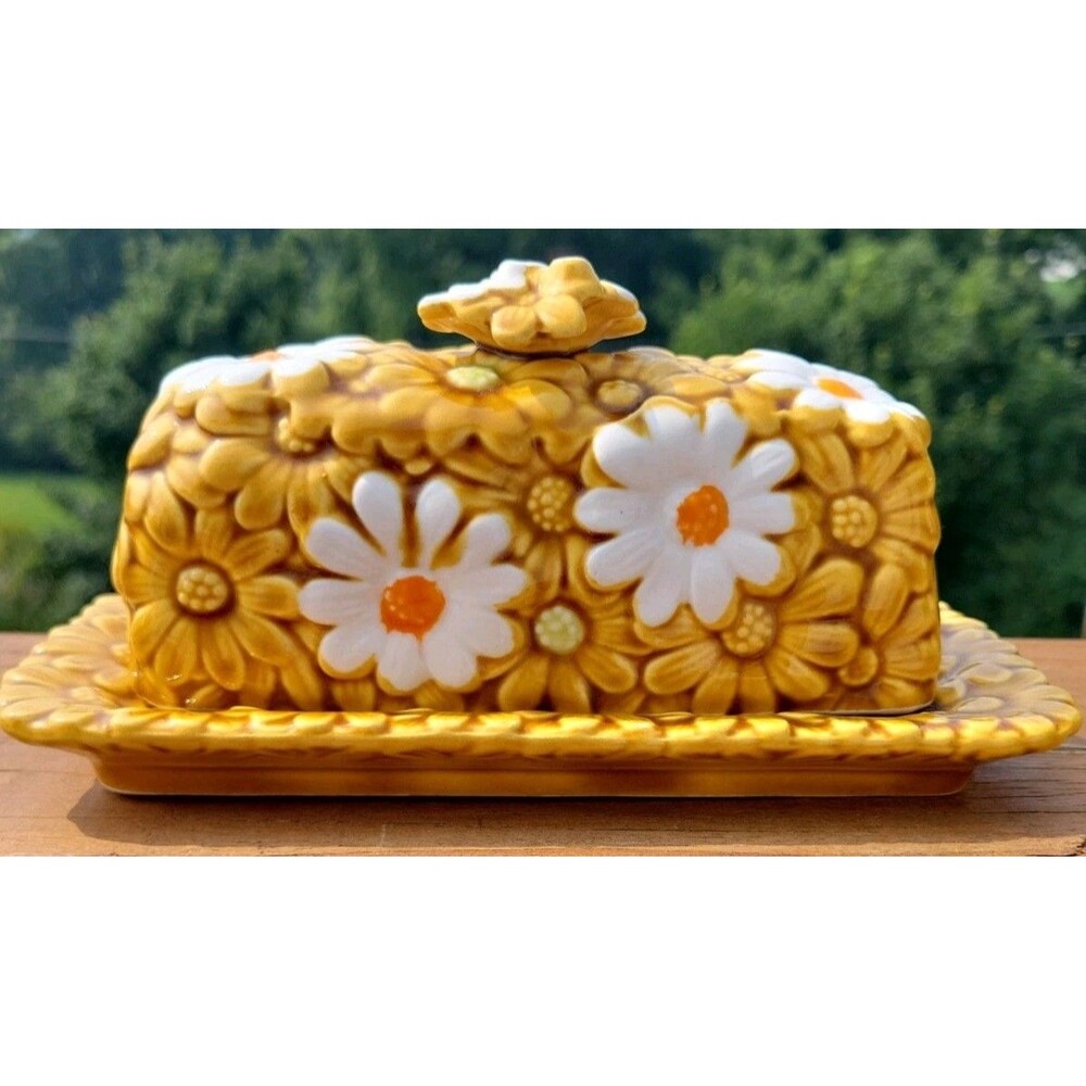 Vintage 1970's Fred Roberts Company Butter Dish Flower Power Daisey Retro